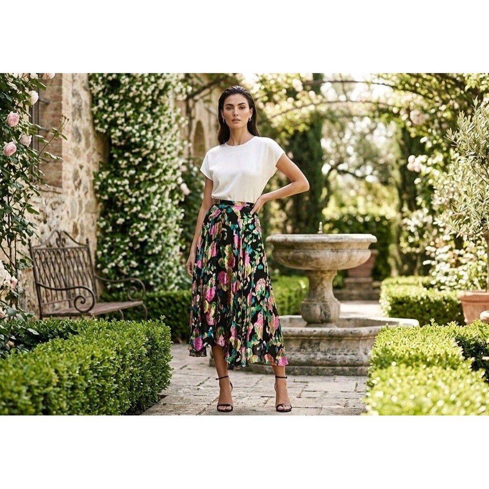 Saloni Ida B Hydrangea Silk Floral Midi Skirt Colorful Print